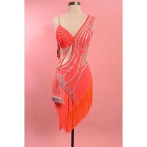 LatinoDancewears Latin Dance Costume NWT Orange Rhinestone Fringe